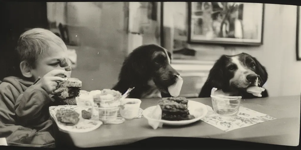 Image similar to A green dog eating hambugers while talking to his friend john, 1978 polaroid , 35mm