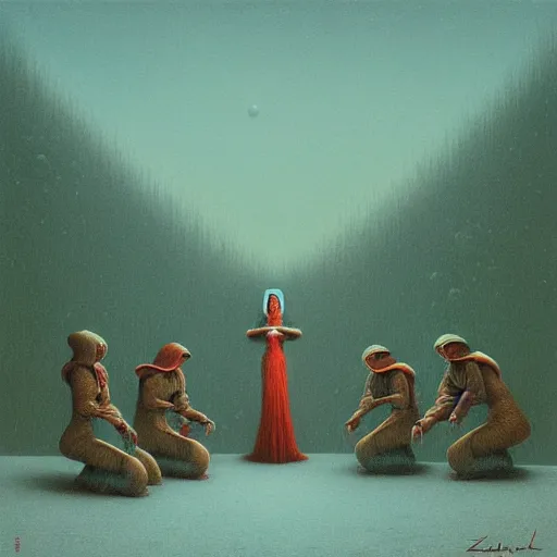 Image similar to Snow White and The Seven Dwarfs in style of Zdislaw Beksinski