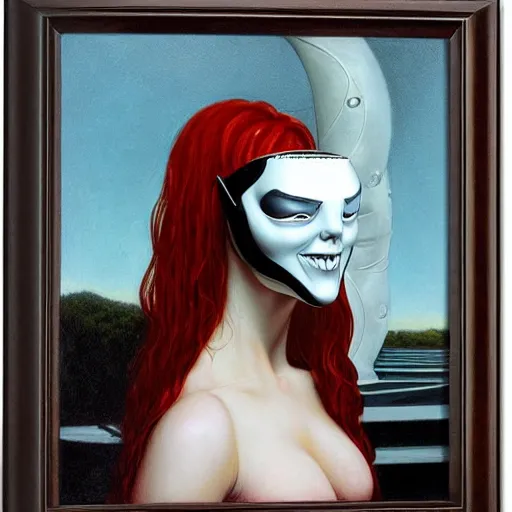 Image similar to portrait of a woman with a white plastic theater mask, by gerald brom