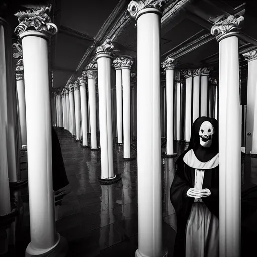 Image similar to nightmare vision, medium depth of field. black and white, award winning photo of smiling levitating twin nuns, wearing translucent sheet, Mary in a sanctuary, mirror hallways, eerie, tall columns, faces emerging from columns, frightening —width 1024 —height 1024