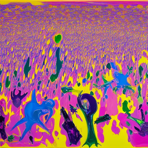 Image similar to people in the crowd, an ultrafine detailed painting by peter max and francis bacon and fiona rae and maryam hashemi and hernan bas and anna mond and max gubler, featured on deviantart, metaphysical painting, neo expressionism, melting paint, biomorphic, mixed media, photorealistic, dripping paint, palette knife texture, masterpiece