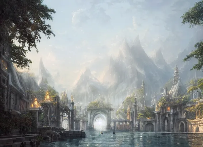 Image similar to A port near the ocean in a beautiful elven city made of white marble, anime, lush trees, fountain, boats in the water, a fantasy digital painting by Greg Rutkowski and James Gurney, trending on Artstation, highly detailed