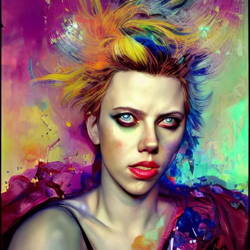 Image similar to beautiful painting of drunken scarlett johansson as delirium from sandman, one green eye and one blue eye, ( hallucinating colorful soap bubbles ), by jeremy mann, by sandra chevrier, by dave mckean and richard avedon and maciej kuciara, 1 9 8 0's, punk rock, tank girl, high detailed, 8 k