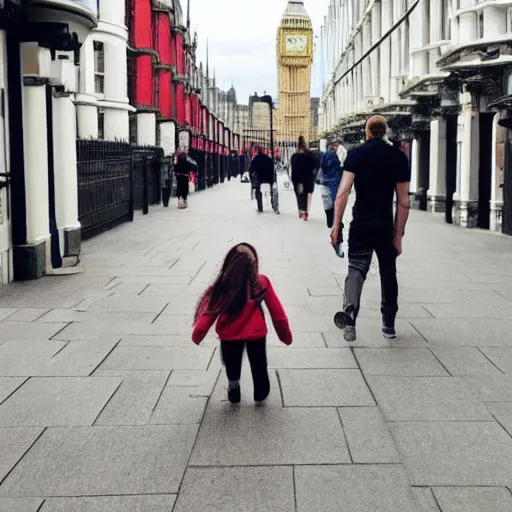 Image similar to photo of life like minecraft characters walking on london streets and scaring people