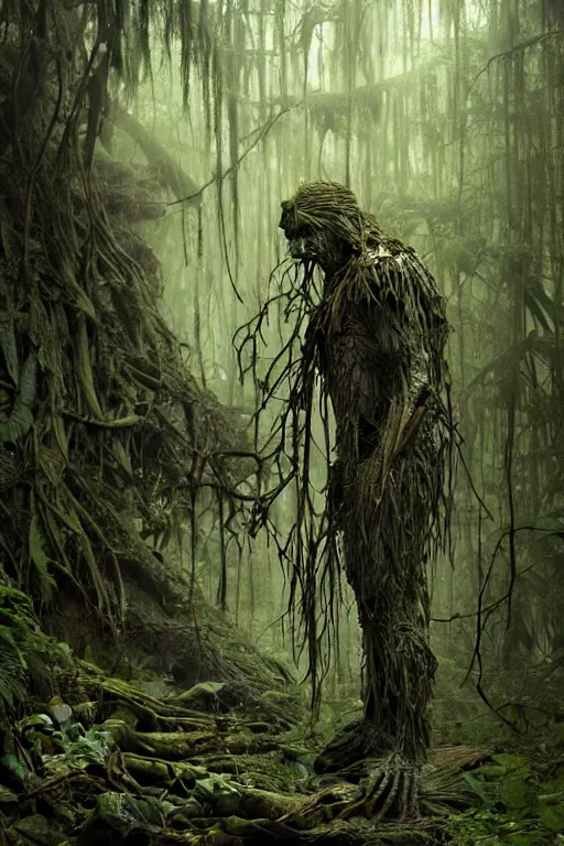 Image similar to realistic photo of the swamp thing, through the creepy forest, on the way lies a rotting corpse among the rocks. and he takes it in his hands. deep focus, intricate, elegant, highly detailed, digital painting, station art, concept art, matte, sharp focus, illustration, art by artgerm and greg rutkowski and alphonse mucha