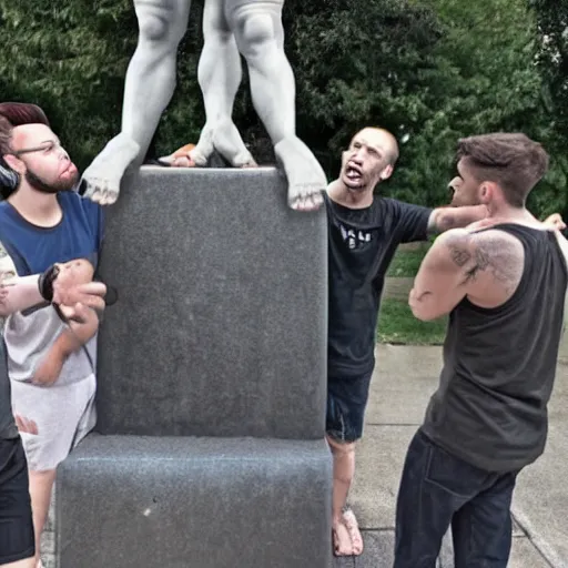 Image similar to group of young men worshipping giant statue of joe rogan and andrew tate in real life, 8 k, 4 k uhd, realistic, hyper realistic, super detailed, very detailed, detailed