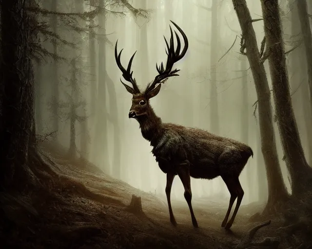 Prompt: 5 5 mm portrait photo of an armored demonic deer with antlers, in a magical forest looking at the camera. dark atmosphere. art by greg rutkowski. highly detailed 8 k. intricate. lifelike. soft light. nikon d 8 5 0.