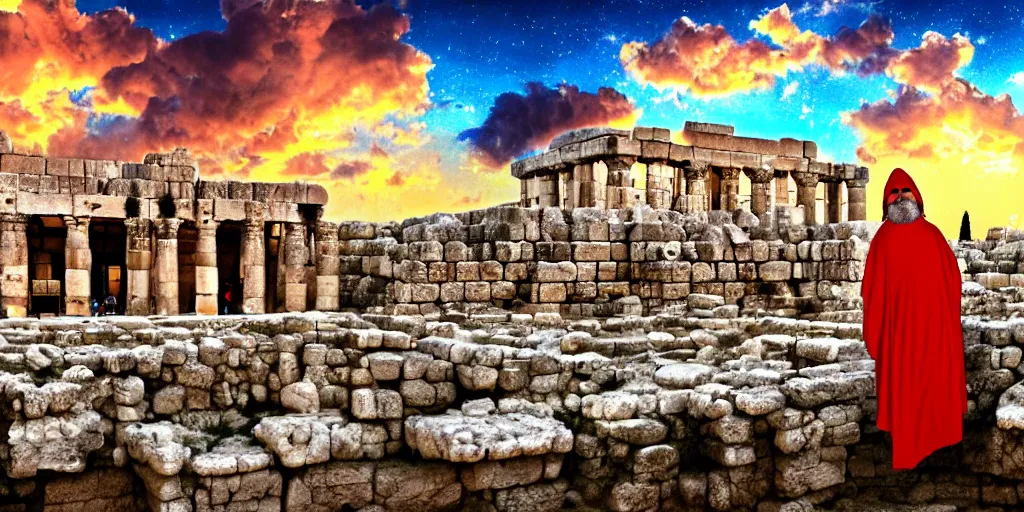 Image similar to a adorable small fox in the huge ruins of the second temple in jerusalem in the distance. the third temple hovers quietly hiding in the dreamy clouds above. a hooded bearded old man in a tunic laughing, colorful 8 k, art station, intricate superb details, digital art, cinematic, bokeh dof sky, an expressionist painting by afremov.