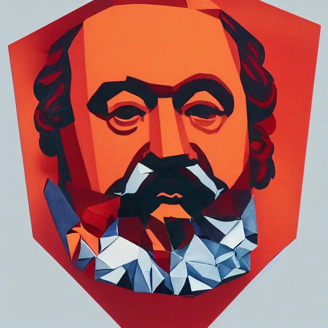 Image similar to origami of karl marx in a minimalist collage of geometric shapes, tetrachromacy, primary colors, in the style of ikko tanaka, japanese graphic design, 1 9 9 0