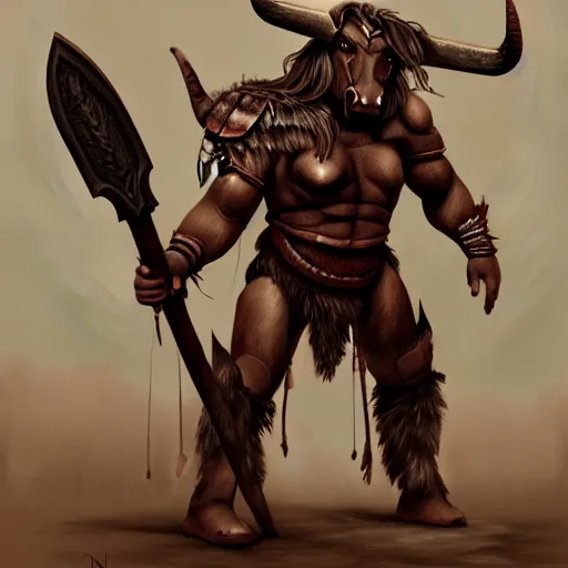 Prompt: Giant minotaur humanoid warrior with axe, tauren, concept art, paladin, hyperrealism, high details, digital painting, dark fantasy, watercolor background