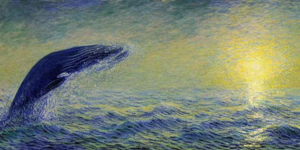 Image similar to An aesthetically pleasing, dynamic, energetic, lively, well-designed digital art of a whale, ripples, waves, sea foam, light and shadow, ocean caustics, by Claude Monet, traditional Japanese colors, superior quality, masterpiece, excellent use of negative space.