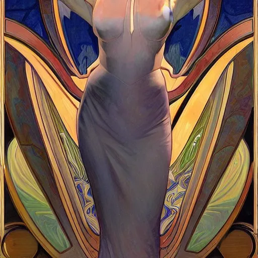 Image similar to a streamline moderne painting in the style of donato giancola, and in the style of charlie bowater, and in the style of alphonse mucha. symmetry, smooth, sharp focus, semi - realism, intricate detail.