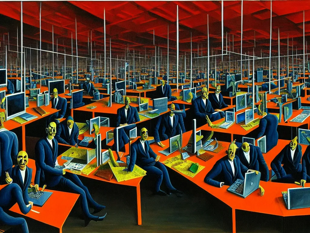 Prompt: a painting of a vast office in hell, businesspeople sitting in front of computers upside down,, highly detailed, 4 k, art by max ernst