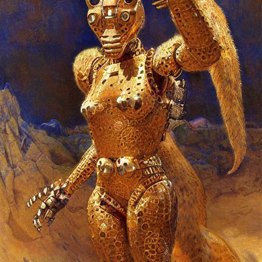 Prompt: highly detailed portrait of an humanoid robotic cheetah mecha, painting by gaston bussiere, craig mullins, j. c. leyendecker, lights, art by ernst haeckel, john william godward, hammershøi,