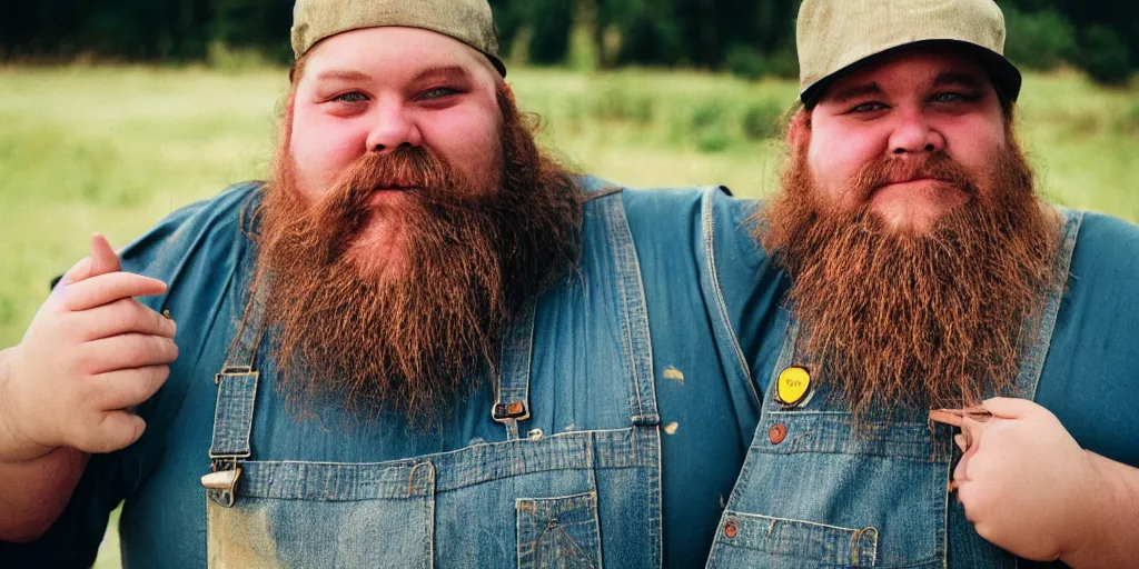 Image similar to obese redneck white male with long beard, wearing dirty overalls, dirty face, grin, portrait, close up, kodak gold 2 0 0, 5 0 mm