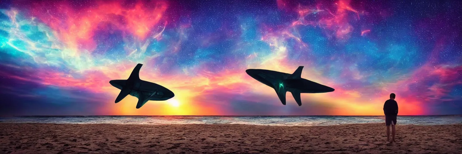 Image similar to a giant glowing spaceship floating in the ocean, an old soul standing on the beach overlooking, sunset and colorful sky with many stars