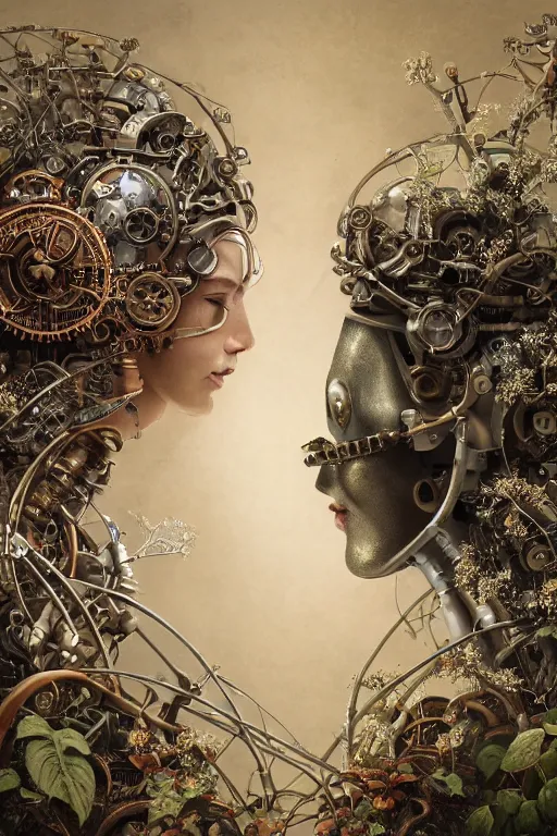 Image similar to a beautiful intricate fine art RPG portrait photo of a mechanical industrial steampunk cybernetic yin yang symbol, overgrown with morning glory flowers, montsera leaves by tom bagshaw and zach sutton, golden ratio composition, studio lighting, 50mm lens, very detailed, bionic, cybernetic scifi, deep depth of field, artstation, 8K, highly coherent