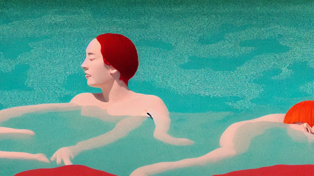 Image similar to a bather in a natural hot spring, japan, a collage painting, in the style of wes anderson, lola dupre, david hockney, isolated on negative white space background dark monochrome neon spraypaint accents volumetric octane render