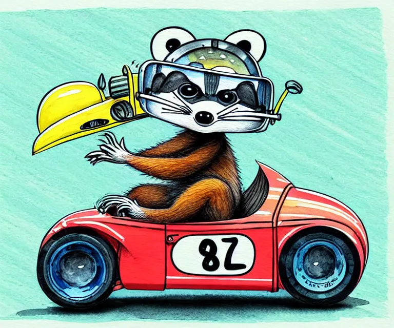 Prompt: cute and funny, racoon wearing a helmet riding in a tiny merlyn formula ford, ratfink style by ed roth, centered award winning watercolor pen illustration, isometric illustration by chihiro iwasaki, edited by range murata