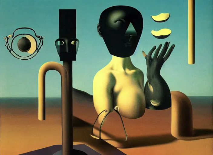 Image similar to infinite masks on a person, maddening forbidden knowledge, flying comb, strange machine by rene magritte and salvadore dali