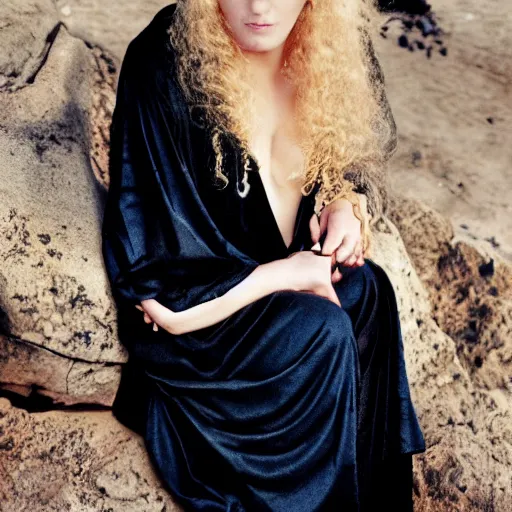 Prompt: a blonde woman in a black robe lying on the deck of a ship, a beautiful english woman with a long face narrow nose pale skin blue eyes red lips and wild messy tangles of curly white blonde hair, high resolution film still wearing a black robe and skull necklace, sandy, a journey to the west