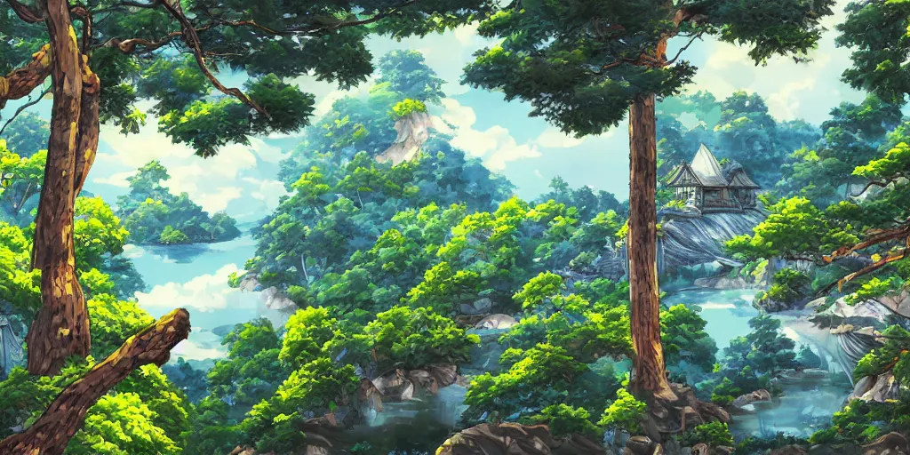 Prompt: high detail sharp anime gouache background , anime forest house near lake , panorama painting by by chun li