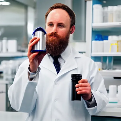 Prompt: white male with a short beard wearing a lab coat and drinking from a flask in a laboratory