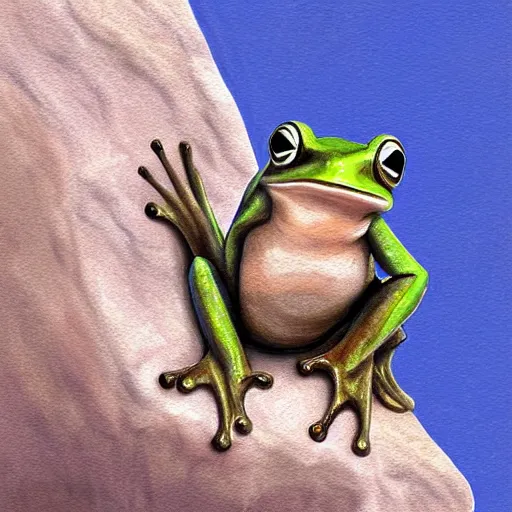 Image similar to cutest frog sitting on a rock and sing, digital painting