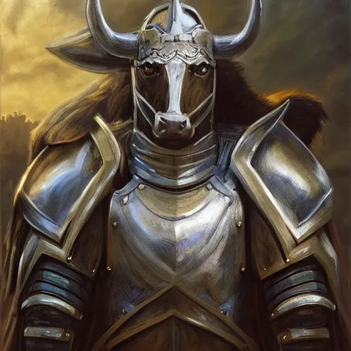 Image similar to cow knight as a realistic fantasy knight, closeup portrait art by donato giancola and greg rutkowski, realistic face, digital art, trending on artstation, symmetry!!