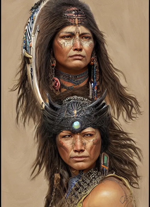 Prompt: portrait of a comanche warrior woman, intricate, highly detailed, centered, digital painting, artstation, concept art, smooth, sharp focus, illustration, artgerm, donato giancola, Joseph Christian Leyendecker, Les Edwards, Ed Repka, WLOP, Artgerm