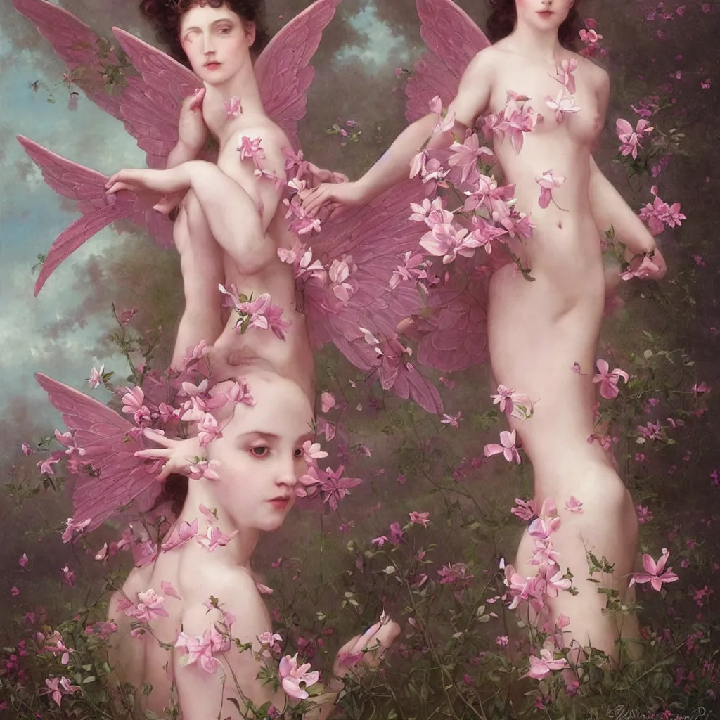 Prompt: one pink fairy with large beautiful wings exploring her lonely flower garden by herself in the style of tom bagshaw, william bouguereau, extremely detailed, muted colors, symmetrical face, large eyes, beautiful face, epic scene, flowing gowns