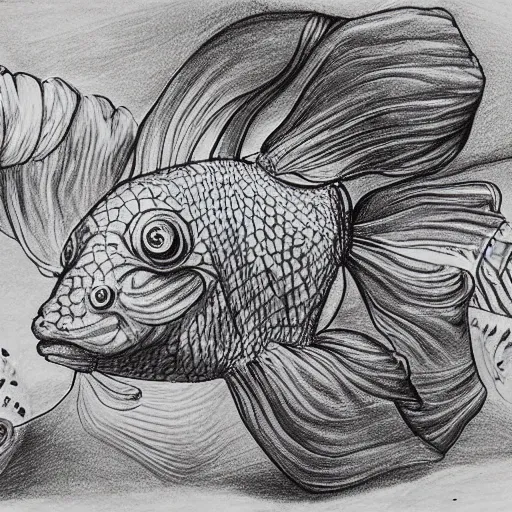 Prompt: hypercolorful goldfish in a confusing aquarium, surrealist drawing