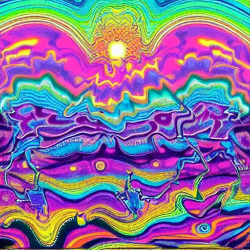 Image similar to crazy psychedelic landscape full of ghosts, utopia