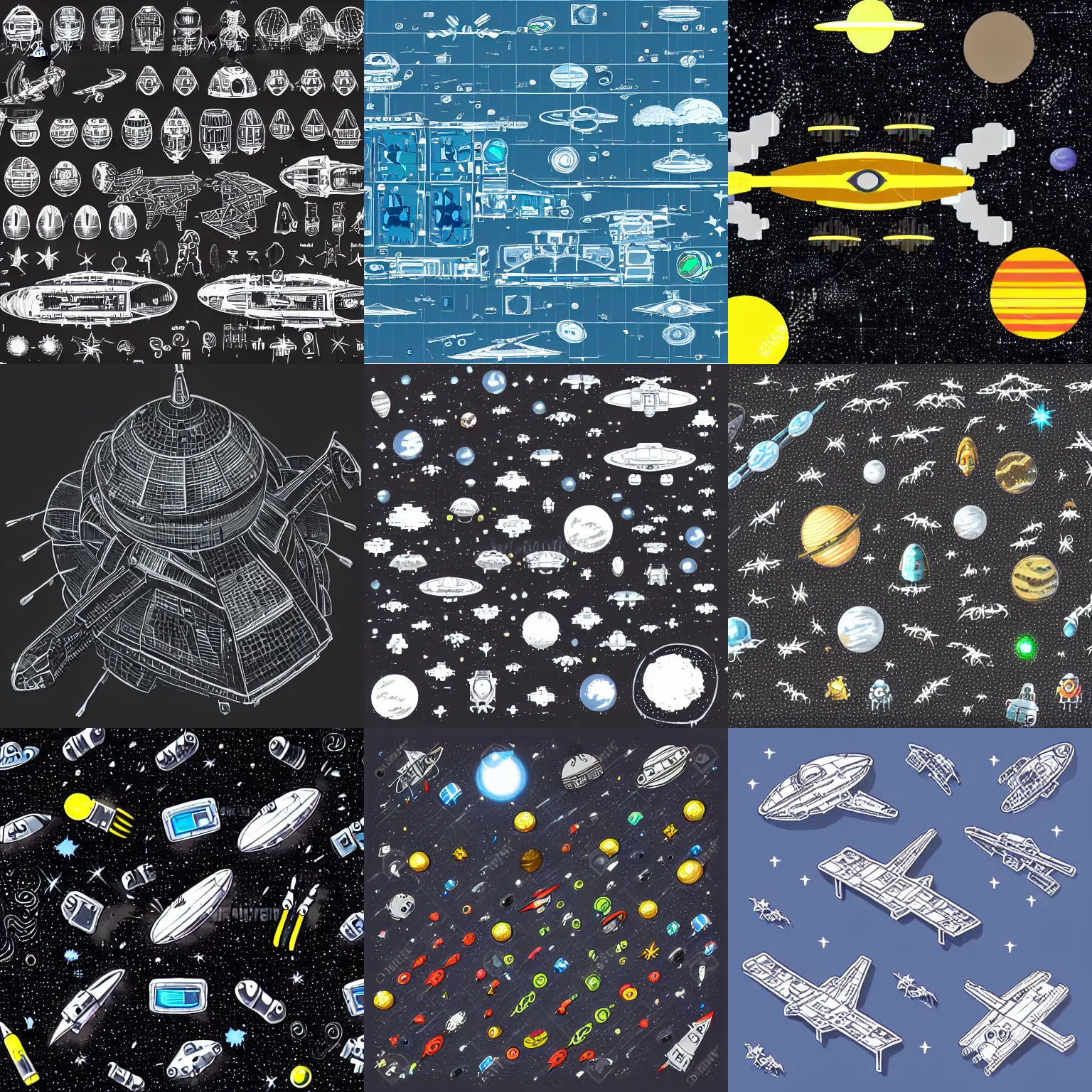 Prompt: above view sprites of a space ship, highly detailed, black background