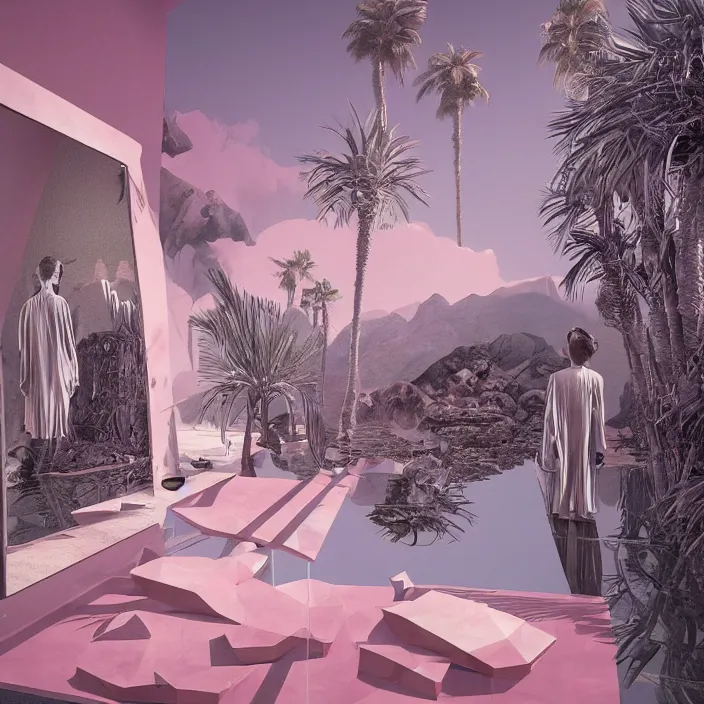 Prompt: hyperrealistic geometric objects in a surreal minimalistic 8 0's dreamscape environment by salvador dali, enormous emoji, highly detailed, 3 d render, octane, beautiful lighting, photorealistic, intricate, elegant, wayne barlowe, water, mirrors, pink doorway, beautiful, masterpiece, trending on artstation, palm tree
