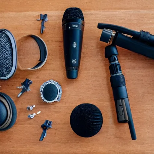 Image similar to a microphone taken apart and all its parts laid out neatly on a table