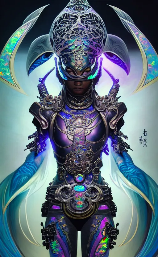 Image similar to iridescent opal cyborg ninja warrior, intricate ornate details, morandi color scheme, hd, illustration, epic, d & d, fantasy, intricate, elegant, highly detailed, wide angle, digital painting, artstation, concept art, smooth, sharp focus, illustration, wallpaper, art by artgerm and greg rutkowski and alphonse mucha and jin xiaodi