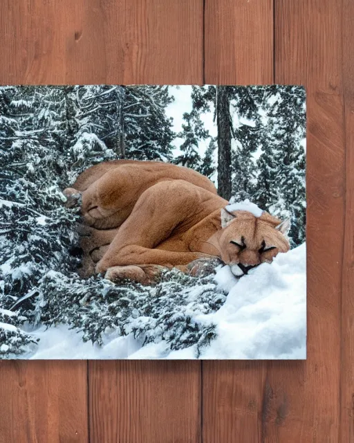 Prompt: postcard showing 'a cougar sleeping in the middle of snowy pine tree' laying on coffee table, zoomed out, HD, iphone capture