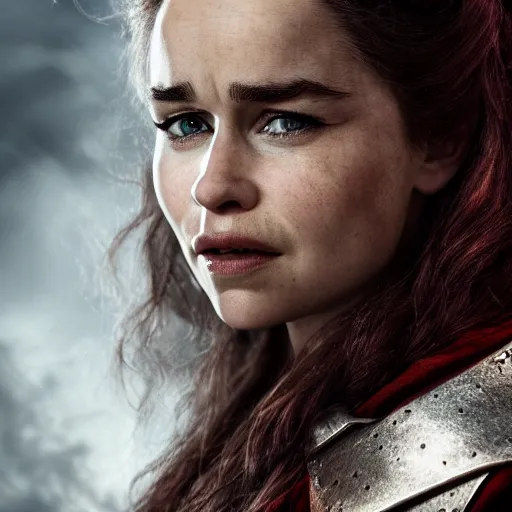 Prompt: emilia clarke, as a medieval fantasy character, with dark reddish hair, wearing light, silver armor and red clothing, tan complexion, holding a longsword, determined expression, noble, cinematic, dark, realistic, digital art, 8 k