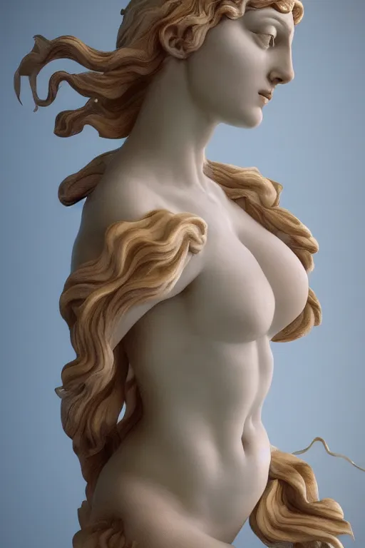 Image similar to Marble Sculpture of Aphrodite, photorealistic, volumetric lighting, inspired by The Birth of Venus by Sandro Botticelli, trending on artstation.