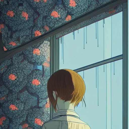 Image similar to a girl looking out of a window by inio asano, beeple and james jean, aya takano color style, 4 k, super detailed, modern, 4 k, symmetrical