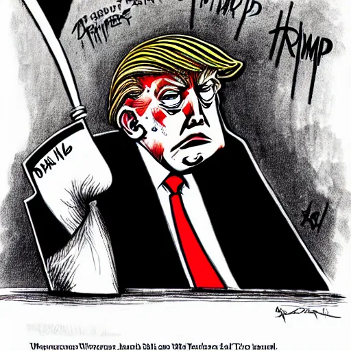 Image similar to : trump looking sad, political cartoon, style of Ralph Steadman