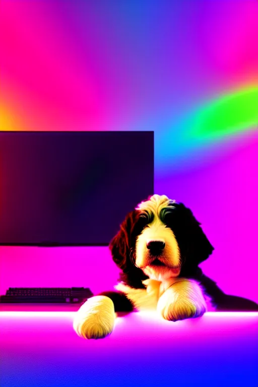 Prompt: a cute bernedoodle puppy sitting in gaming chair + neon rgb light strips, large computer monitor, mountains in background, vaporwave, dramatic, confident, rule of thirds, 4 k, award winning, octane render, volumetric lighting