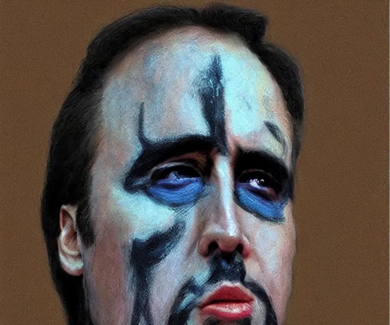 Image similar to “ nicholas cage as sad batman, eating crayons from the box, simple, hyperrealism, photorealistic, 8 k, high def ”