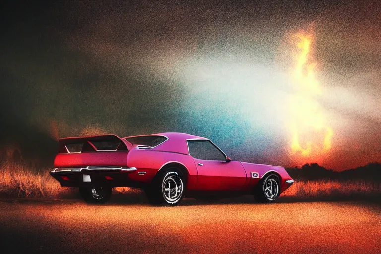 Prompt: pontiac firebird with cherry glitter paint and fur, cat inside car, sunrise, eerie light, fireflies, dramatic, cinematic, forest, horror, sunbeams, volumetric lighting, wide shot, low angle, lightning storm hitting the car, ground cracking open to reveal a portal to hell