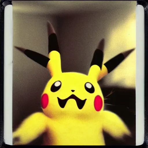 Prompt: A creepy polaroid photo of pikachu chasing you down a hallway