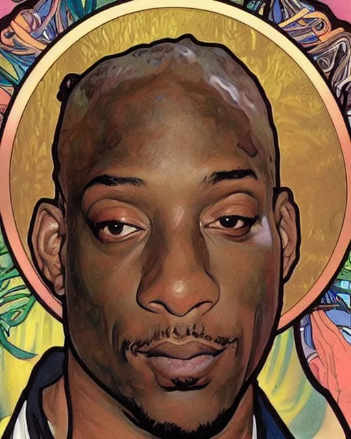 Prompt: a portrait painting of ( ( ( dennis rodman ) ) ) in the style of alphonse mucha!!!