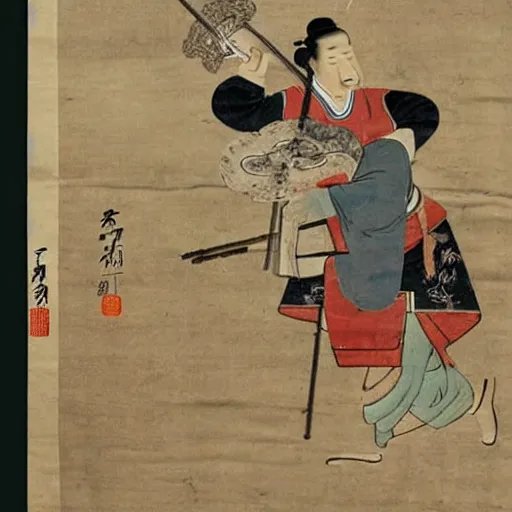 Prompt: ancient chinese painting of Genghis Khan smoking a joint and a playing a lute