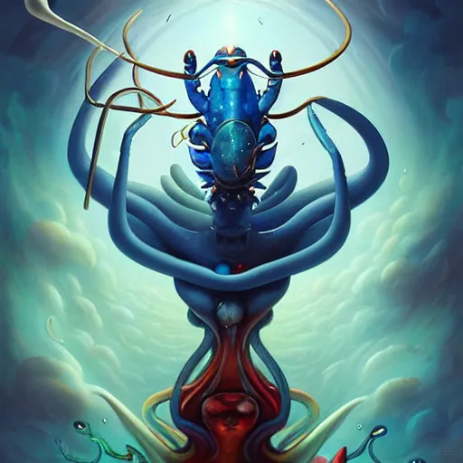 Prompt: The god of wateers resembles a blue lobster, blue lobster, cosmic, horror, Peter Mohrbacher, artwork by Peter Mohrbacher, inspired by Salvador Dalí, surreal