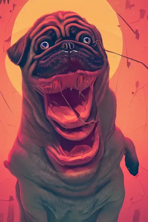 Image similar to demon pug eating flesh. art by mike winkelmann, sticker, colorful, illustration, highly detailed, simple, smooth and clean vector curves, no jagged lines, vector art, smooth, artstation